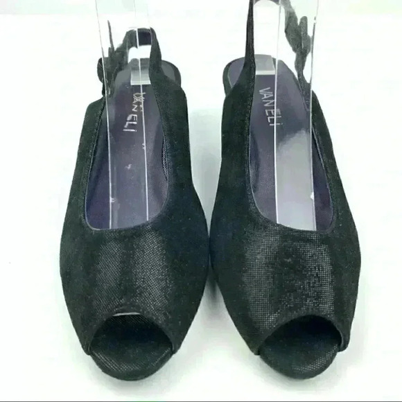 Vaneli womens heels size 4.5 black snakeskin print slingback wedges grannycore - Picture 3 of 13